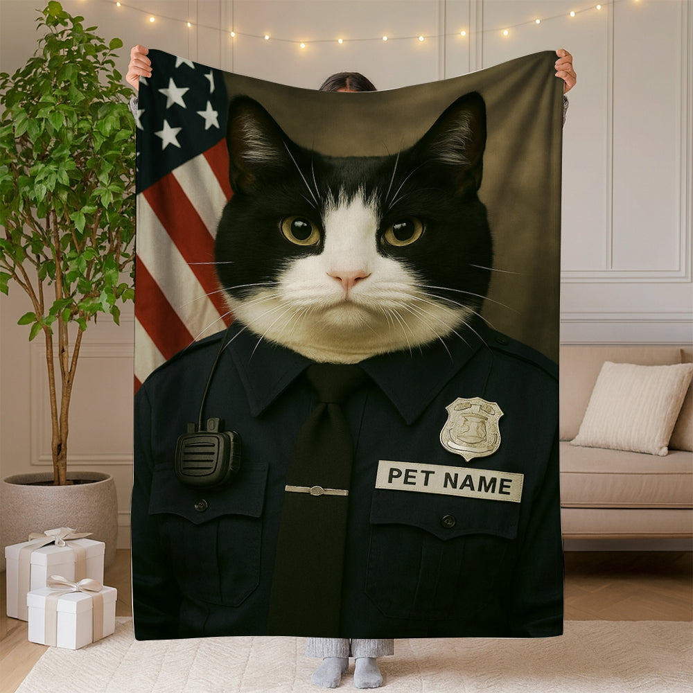 Custom Cat Photo Policeman Blanket _ Gift For Cat Lovers