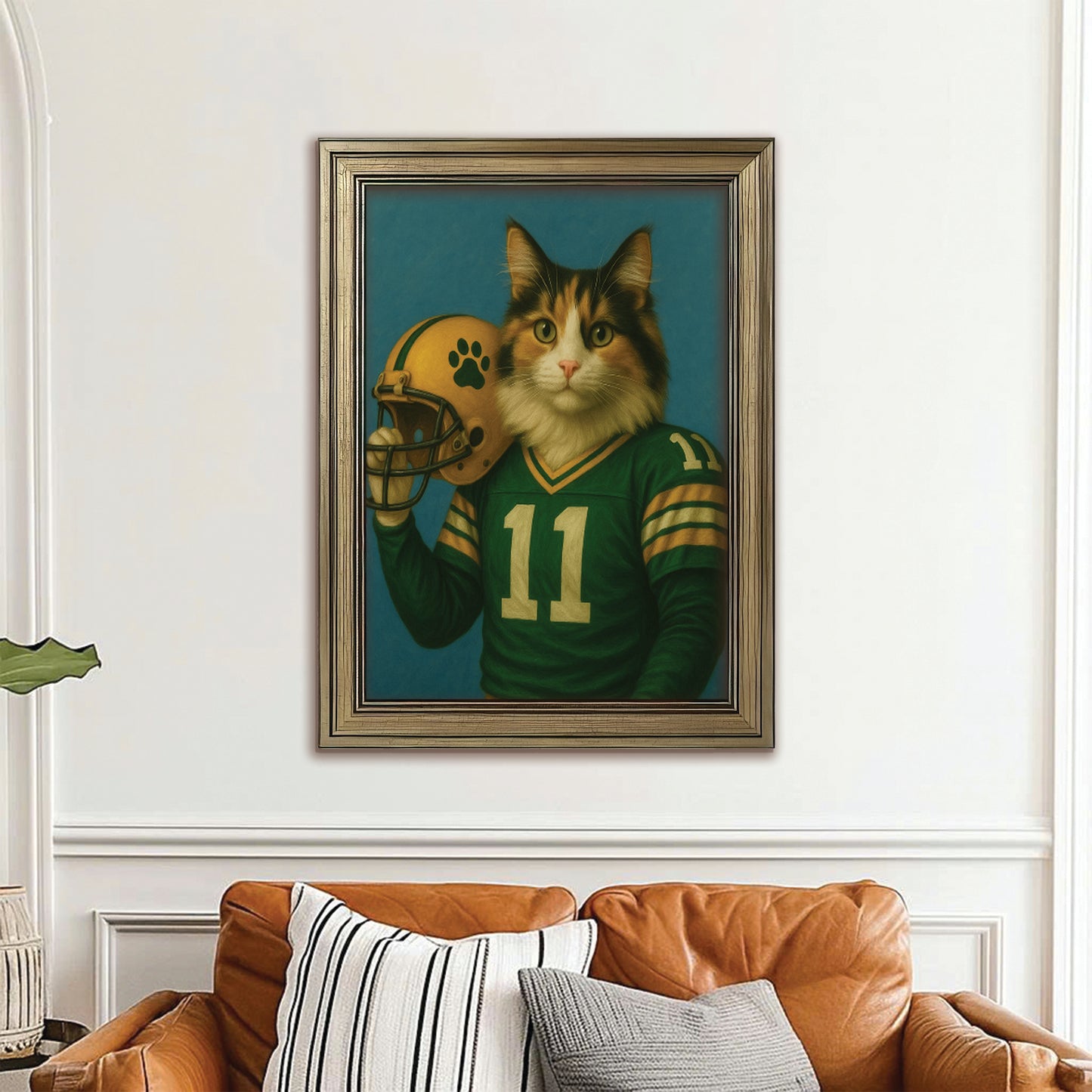 Custom Cat Photo Football Player Canvas Framed Wall Art