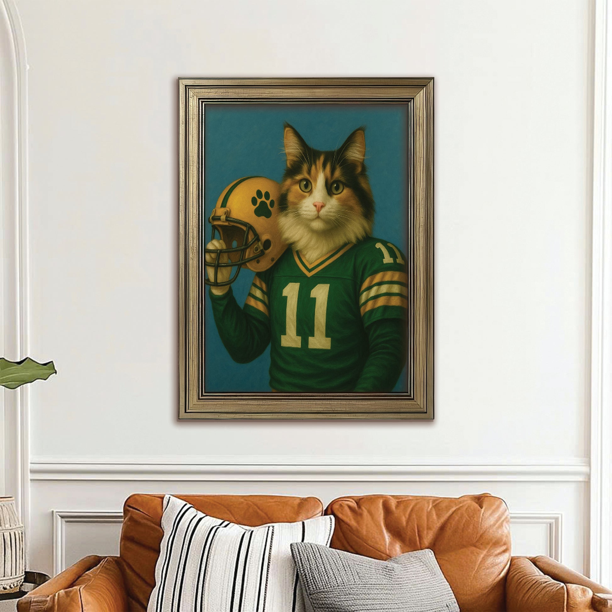 Custom Cat Photo Football Player Canvas Framed Wall Art