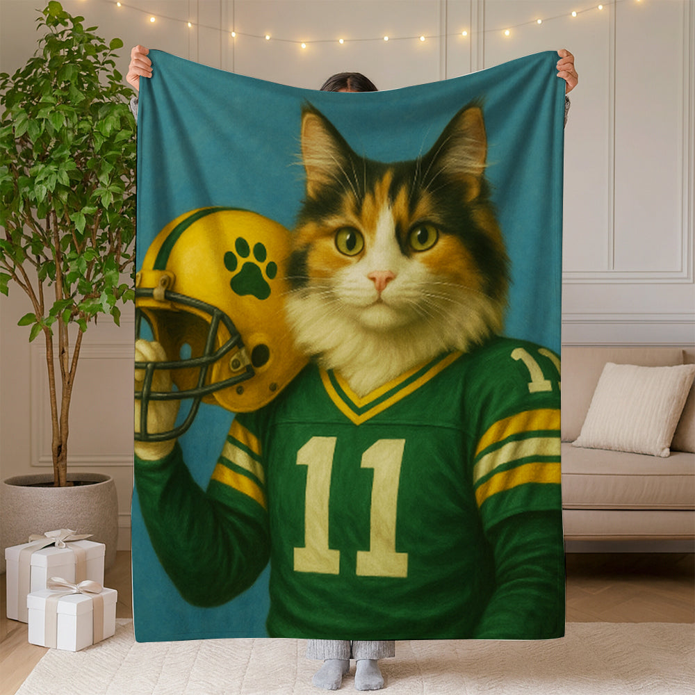 Custom Cat Photo Football Player Blanket