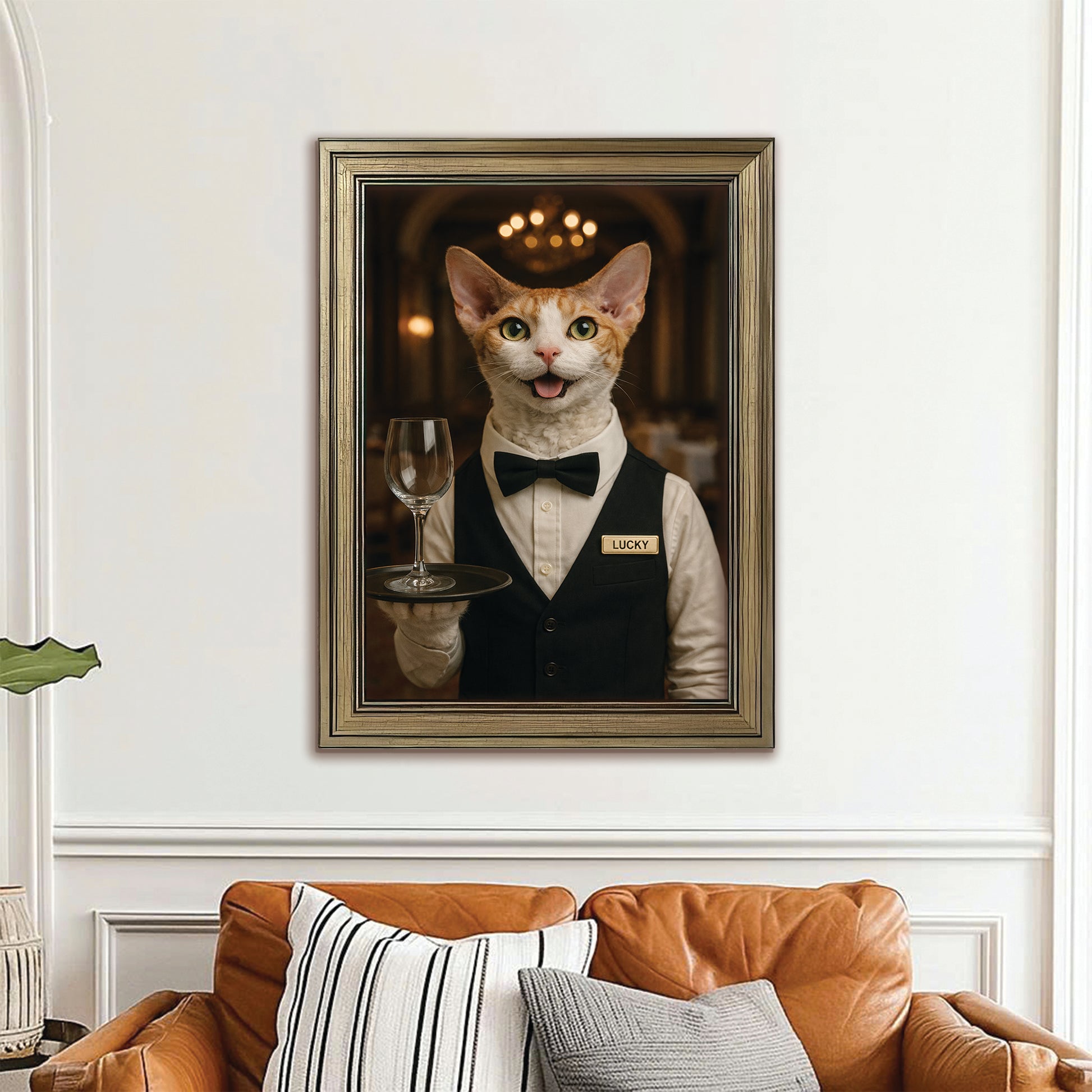 Custom Photo Cat Waiter Restaurant Canvas Framed Wall Art  Gift For Cat Lovers