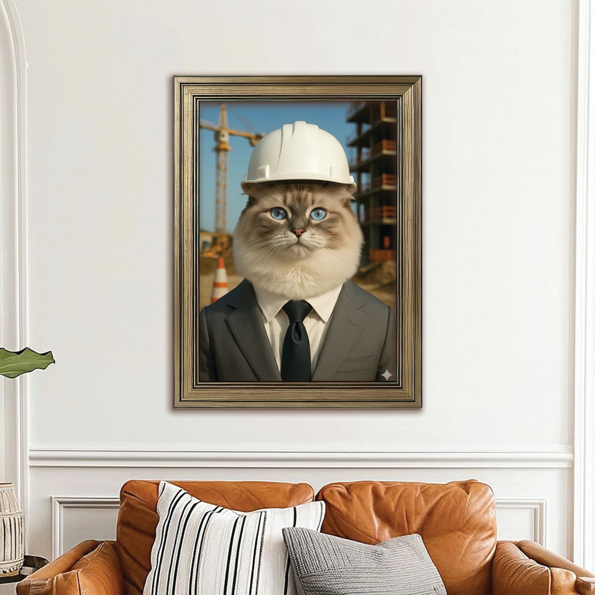 Custom Photo Engineer Construction Cat Canvas Framed Wall Art  Gift For Cat Lovers