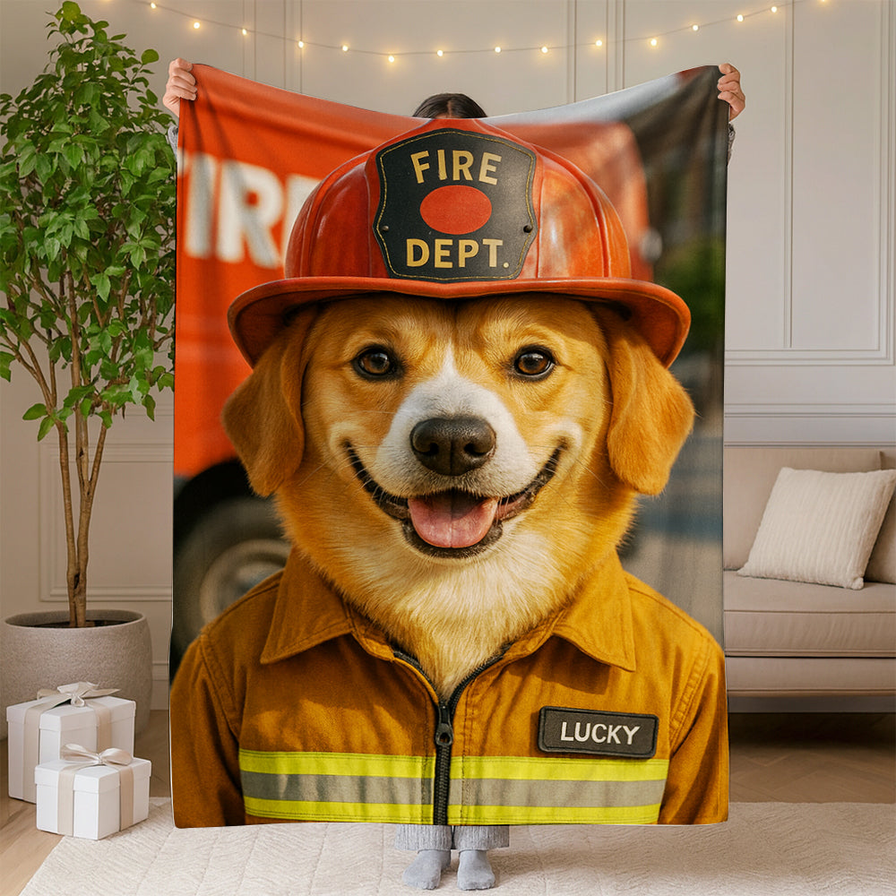 Custom Photo Fire Fighter Dog BlanketGift For Dog Lovers