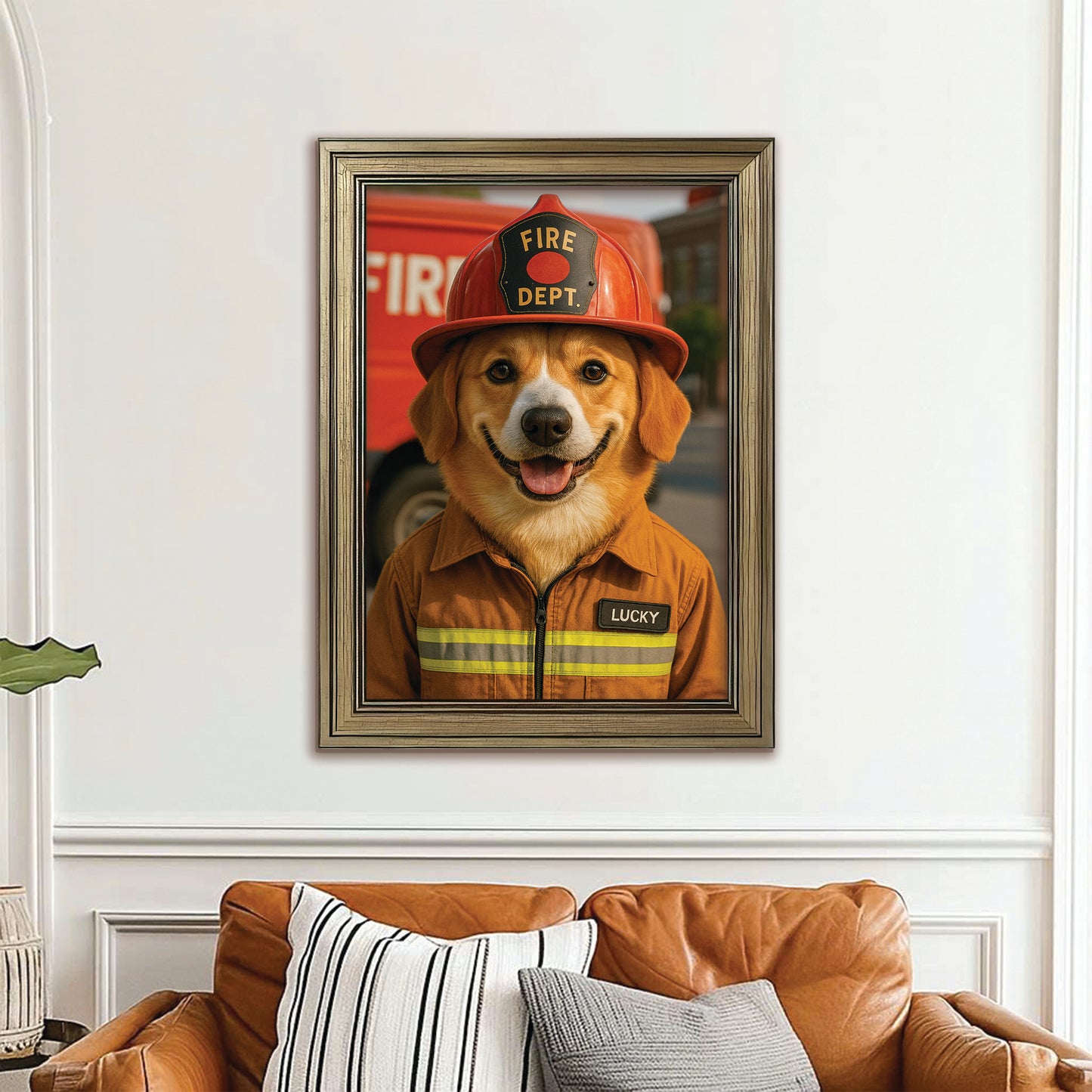Custom Photo Fire Fighter Dog Canvas Framed Wall Art Gift For Dog Lovers