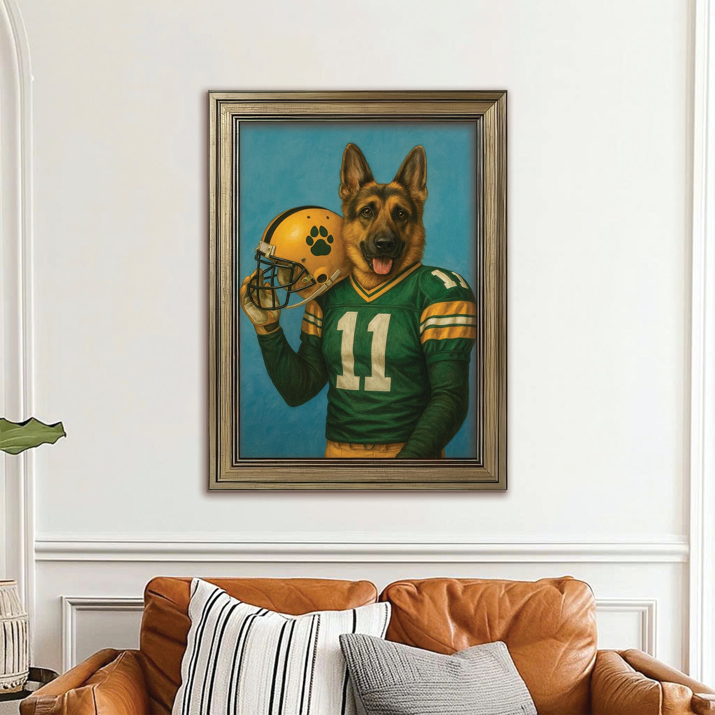Custom Dog Photo Football Player Canvas Framed Wall Art