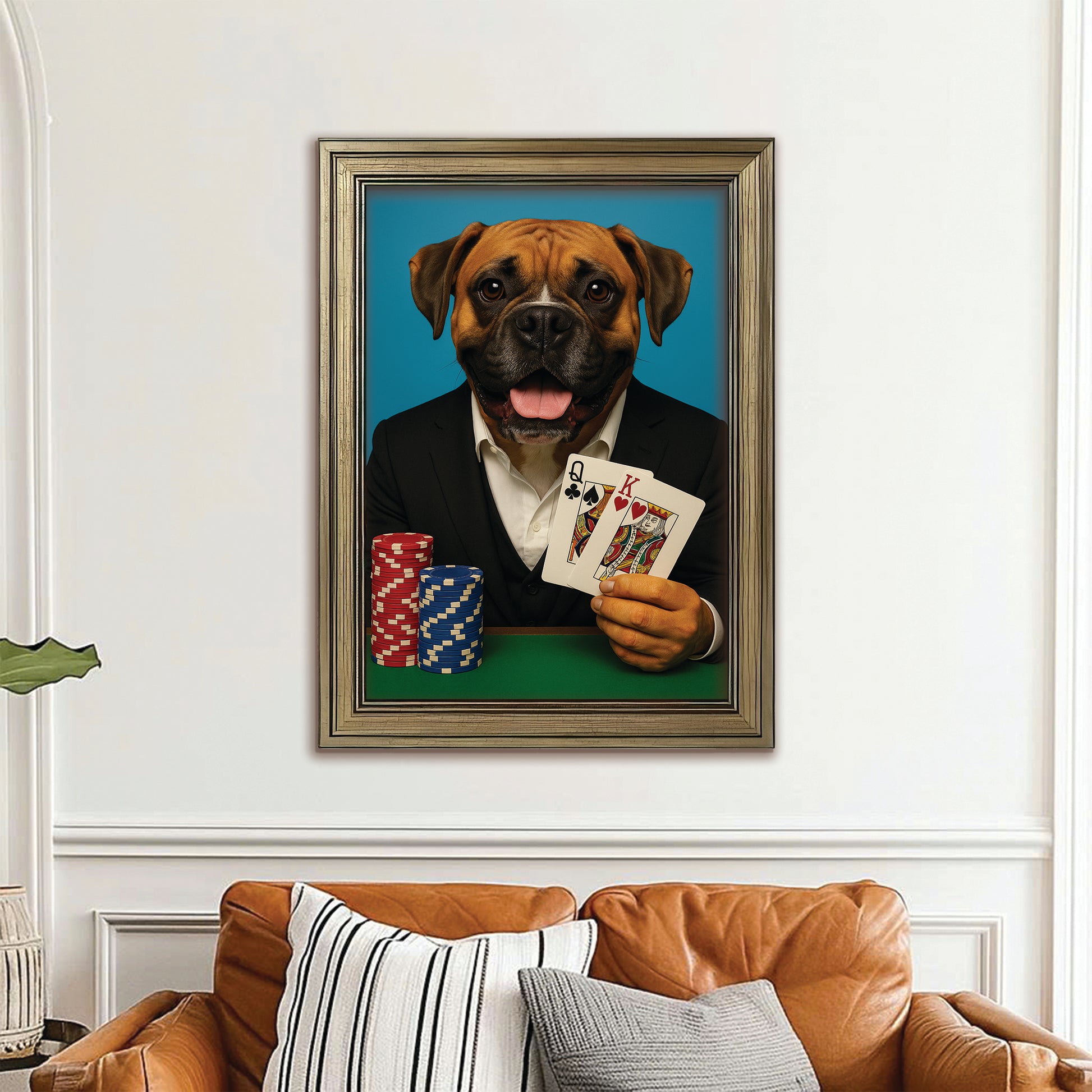Custom Photo Poker Player Dog Canvas Framed Wall Art Gift For Dog Lovers