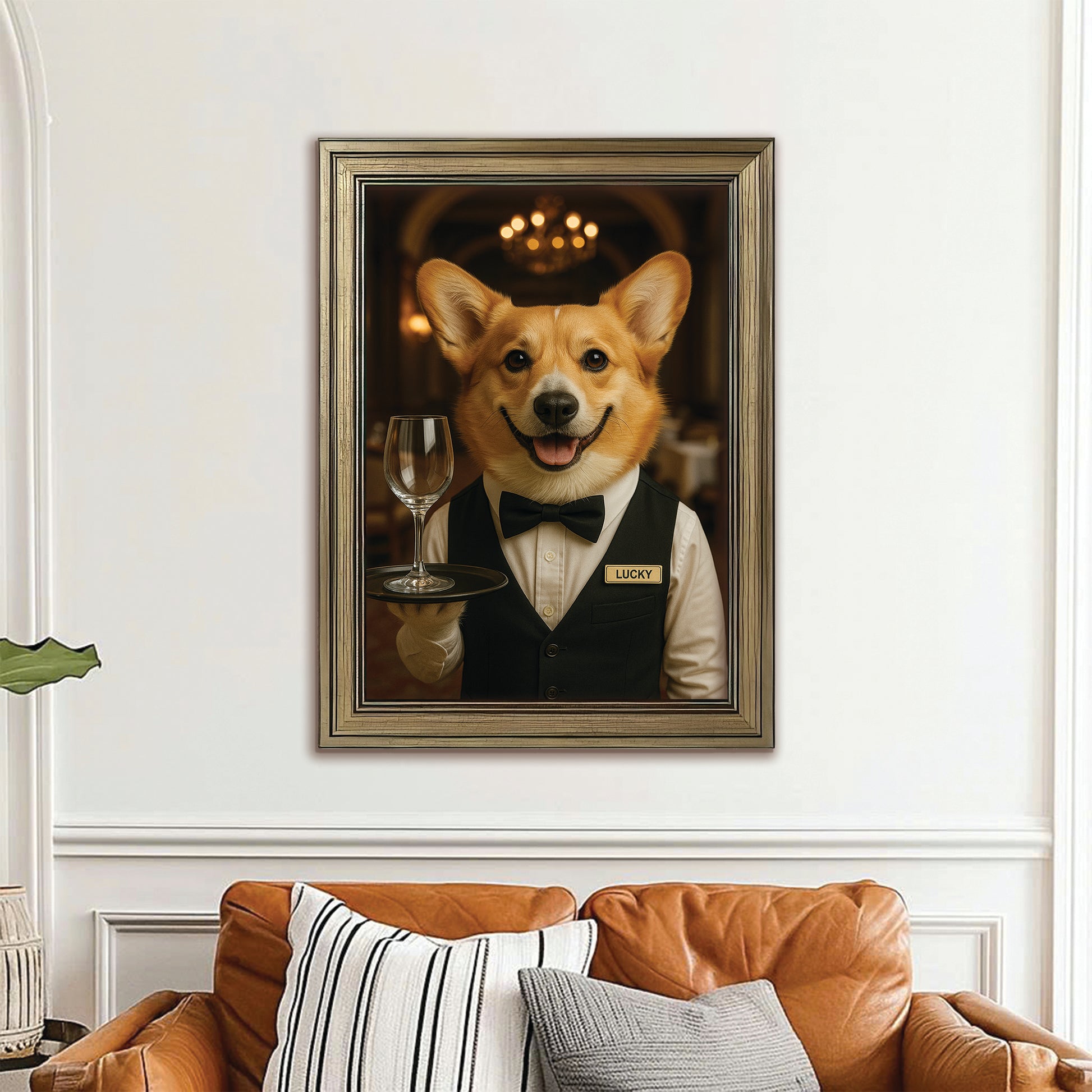 Custom Photo Dog Waiter Restaurant Canvas Framed Wall Art Gift For Dog Lovers