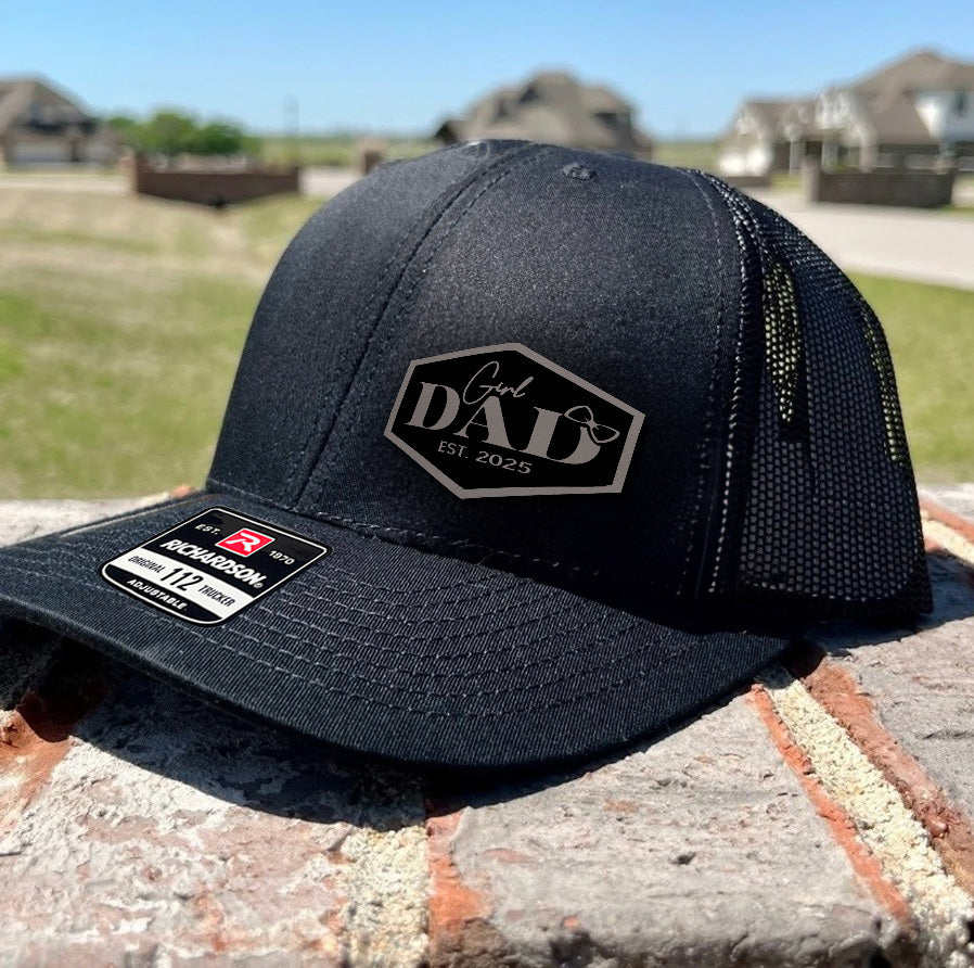 Girl Dad Leather Patch Hat, New Dad Gift, First Father’s Day Hat, Custom Trucker Hat, Baby Girl Announcement Gift – Est. Year Cap NGOC99