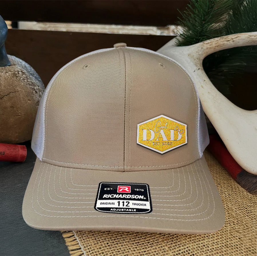 Girl Dad Leather Patch Hat, New Dad Gift, First Father’s Day Hat, Custom Trucker Hat, Baby Girl Announcement Gift – Est. Year Cap NGOC99