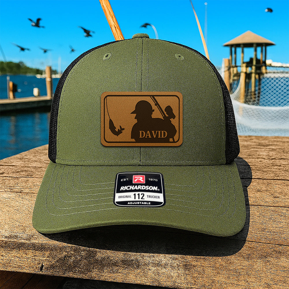 Custom Logo Fishing Leather Patch Hat – Perfect Gift for Fisherman, Dad, or Grandpa THUC99MF01