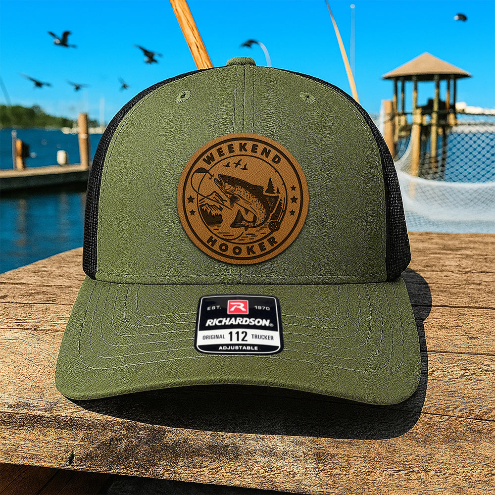 Personalized Fishing Trucker Hat – Custom Fish Leather Patch Hat – Gift for Dad, Husband, or Grandpa THUC99MF22
