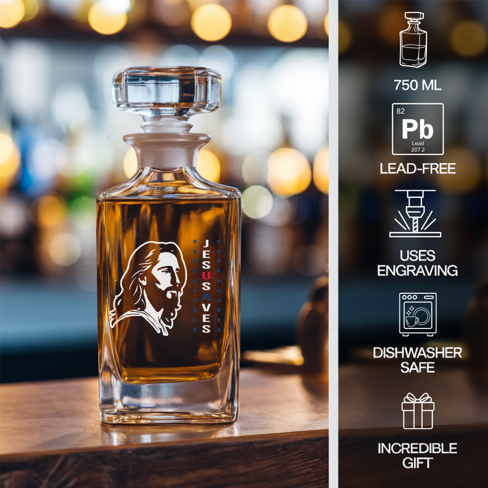 Jesus Saves American Whiskey Decanter - God Bless American Whiskey Glass Gifts - 4th July Gift NGOC99