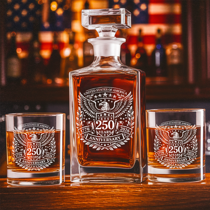 USA 250 Years Anniversary Engraved Whiskey Decanter Set, Patriotic Eagle Bourbon Glassware 1776–2026 THUC99