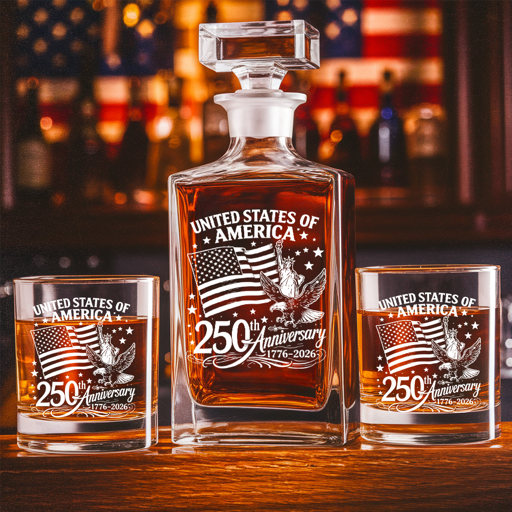 America 250th Anniversary Engraved Whiskey Decanter Set, Patriotic July 4 Gift THUC99