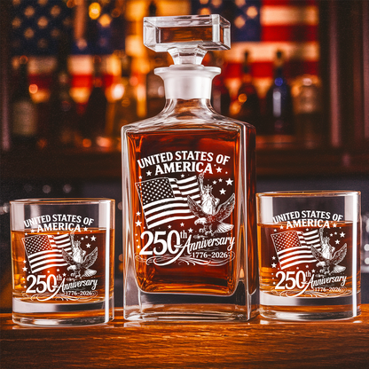 America 250th Anniversary Engraved Whiskey Decanter Set, Patriotic July 4 Gift THUC99