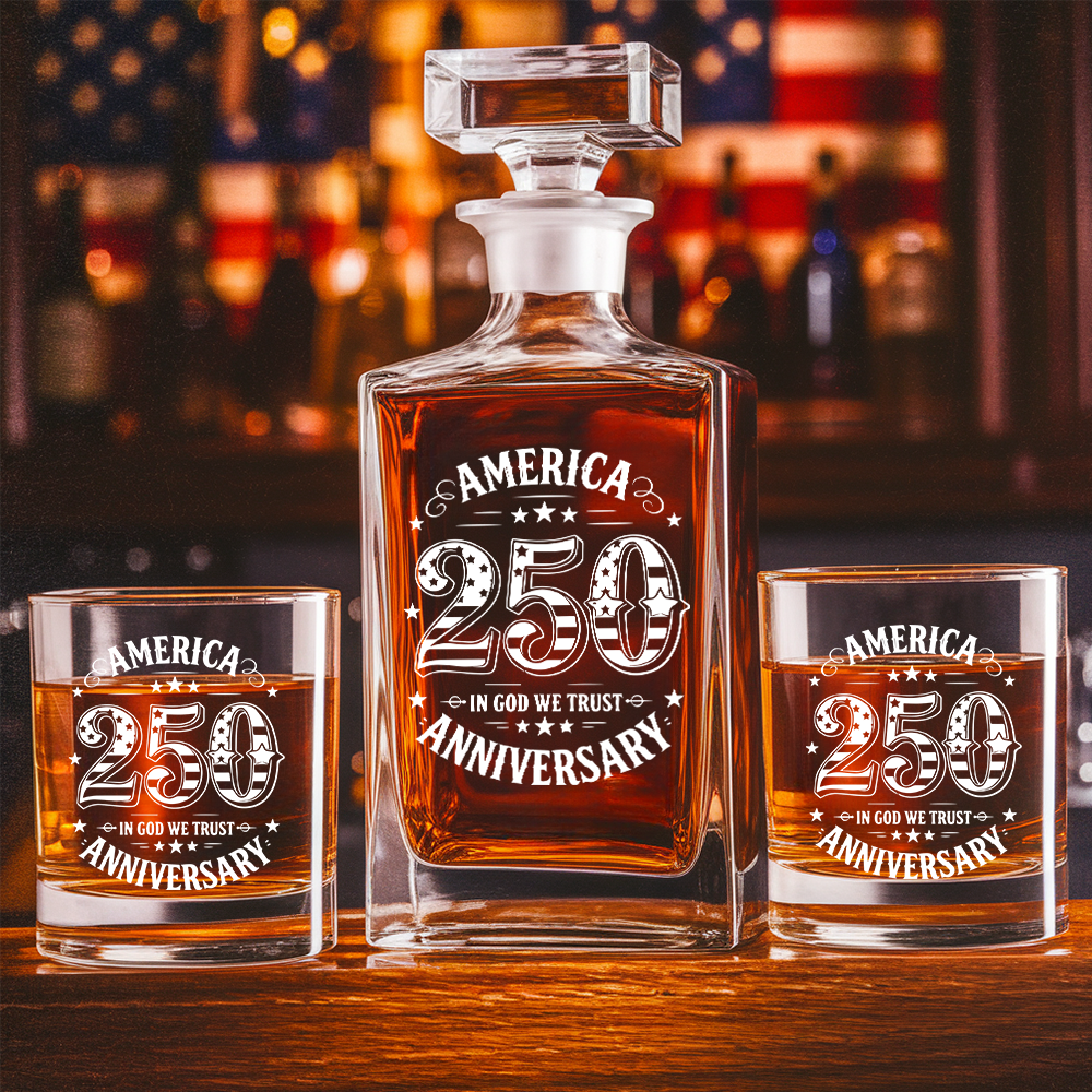America 250 Years Anniversary Engraved Whiskey Decanter Set, Patriotic Bourbon Gift THUC99