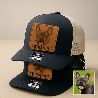 Custom Pet Photo Trucker Hat – Personalized Leather Patch Hat – Dog Owner Gift – Custom Pet Memorial Hat - Dog Gift - Engraved Hat NGOC99A4