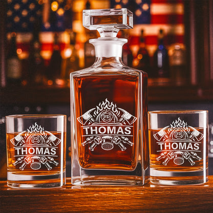 Engraved Firefighter Whiskey Set, Custom Name Decanter & Glass Gift for Heroes