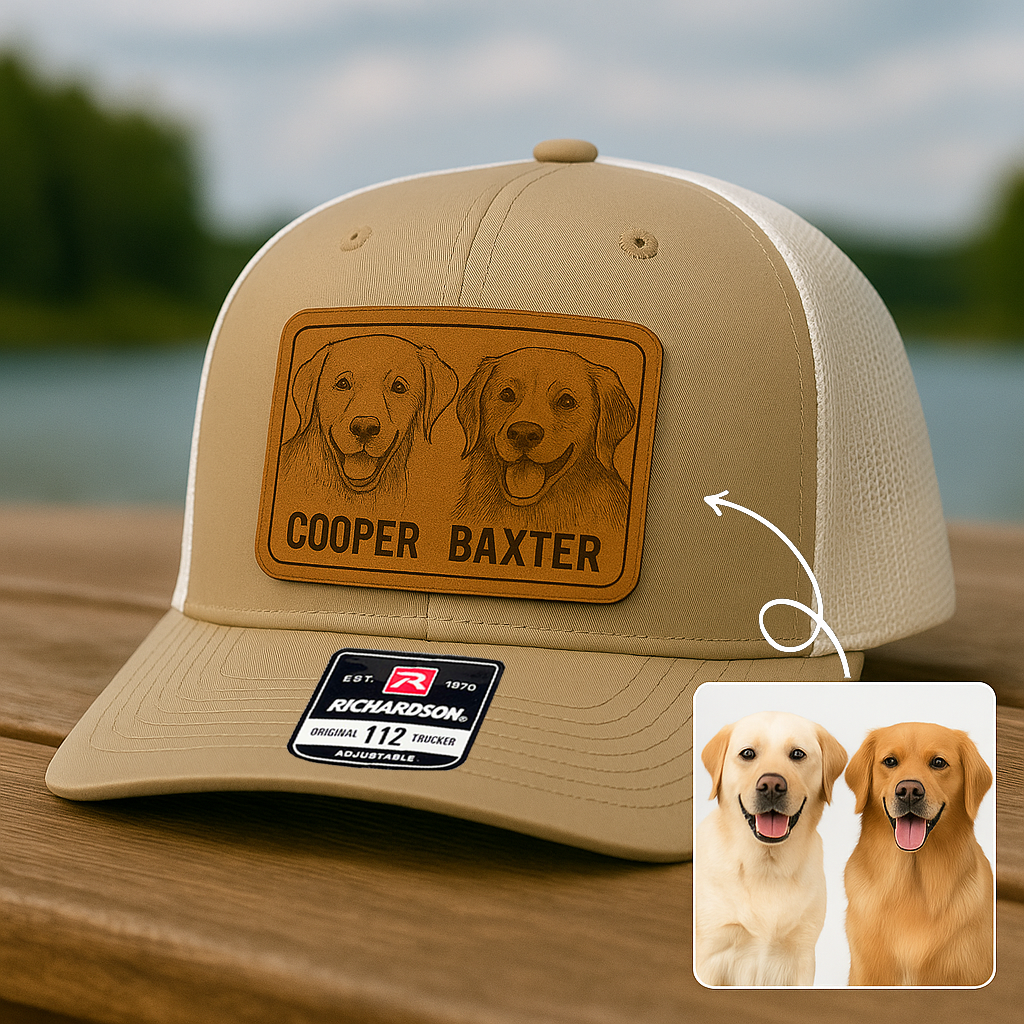 Custom Pet Photo Trucker Hat – Personalized Leather Patch Hat – Couple Dogs Gift – Custom Pet Memorial Hat - Dog Gift - Engraved Hat NGOC99A3
