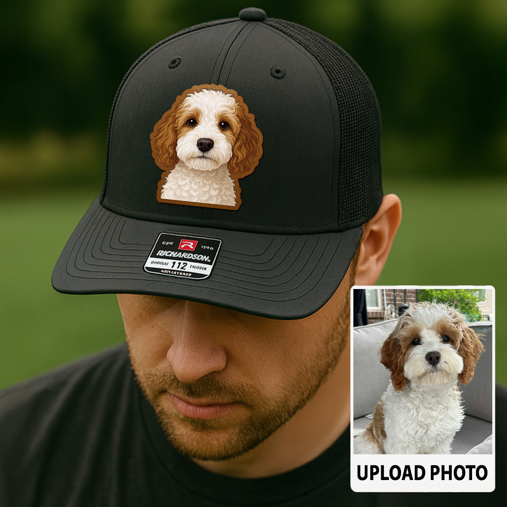 Custom Dog Leather Patch Hat – Personalized Trucker Hat with Your Pet's Photo – Unique Dog Dad Gift TH993