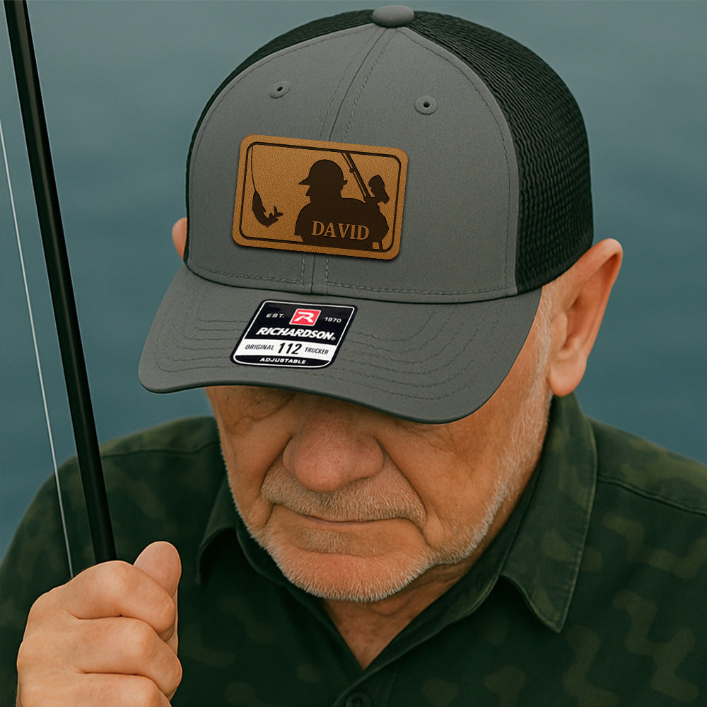 Custom Logo Fishing Leather Patch Hat – Perfect Gift for Fisherman, Dad, or Grandpa THUC99MF01