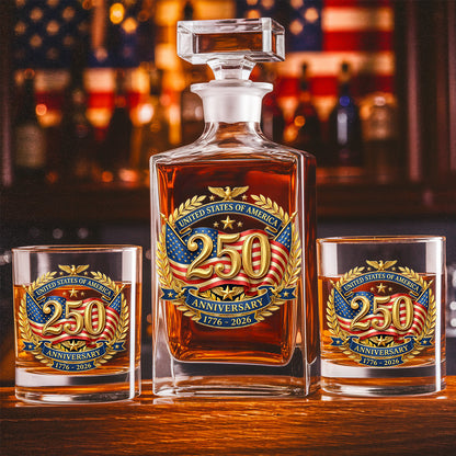 250 Years USA Whiskey Decanter Set 1776-2026, Patriotic Independence Day Gift THUC99