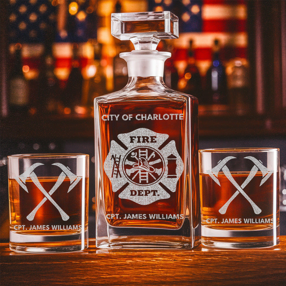 Custom Fire Department Whiskey Decanter Set, Engraved Name Firefighter Gift