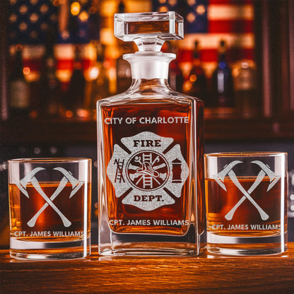 Custom Fire Department Whiskey Decanter Set, Engraved Name Firefighter Gift