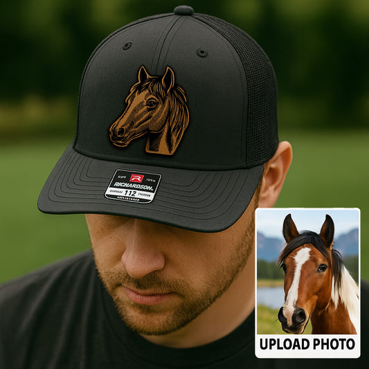 Custom Pet Photo Trucker Hat – Personalized Leather Patch Hat – Horse Portrait Gift – Custom Pet Face Hat P99A16
