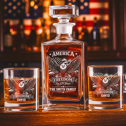 America Freedom 250 Years Engraved Whiskey Decanter Set, Personalized Patriotic Eagle Gift THUC99