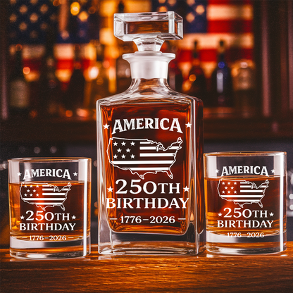 America 250th Birthday Engraved Whiskey Decanter Set, Patriotic USA Map Gift 1776–2026 THUC99