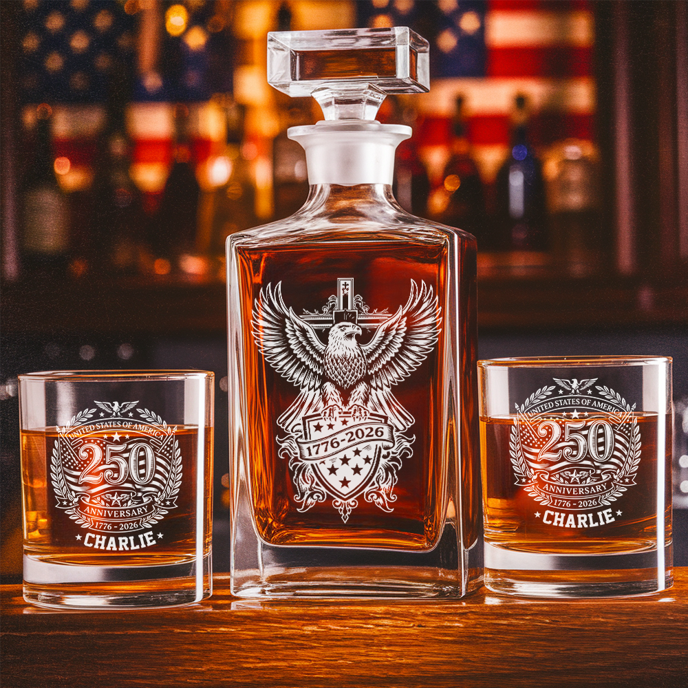 Personalized USA 250th Anniversary Engraved Whiskey Decanter Set, Patriotic Eagle Bourbon Gift 1776–2026 THUC99