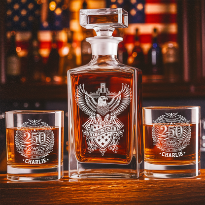 Personalized USA 250th Anniversary Engraved Whiskey Decanter Set, Patriotic Eagle Bourbon Gift 1776–2026 THUC99
