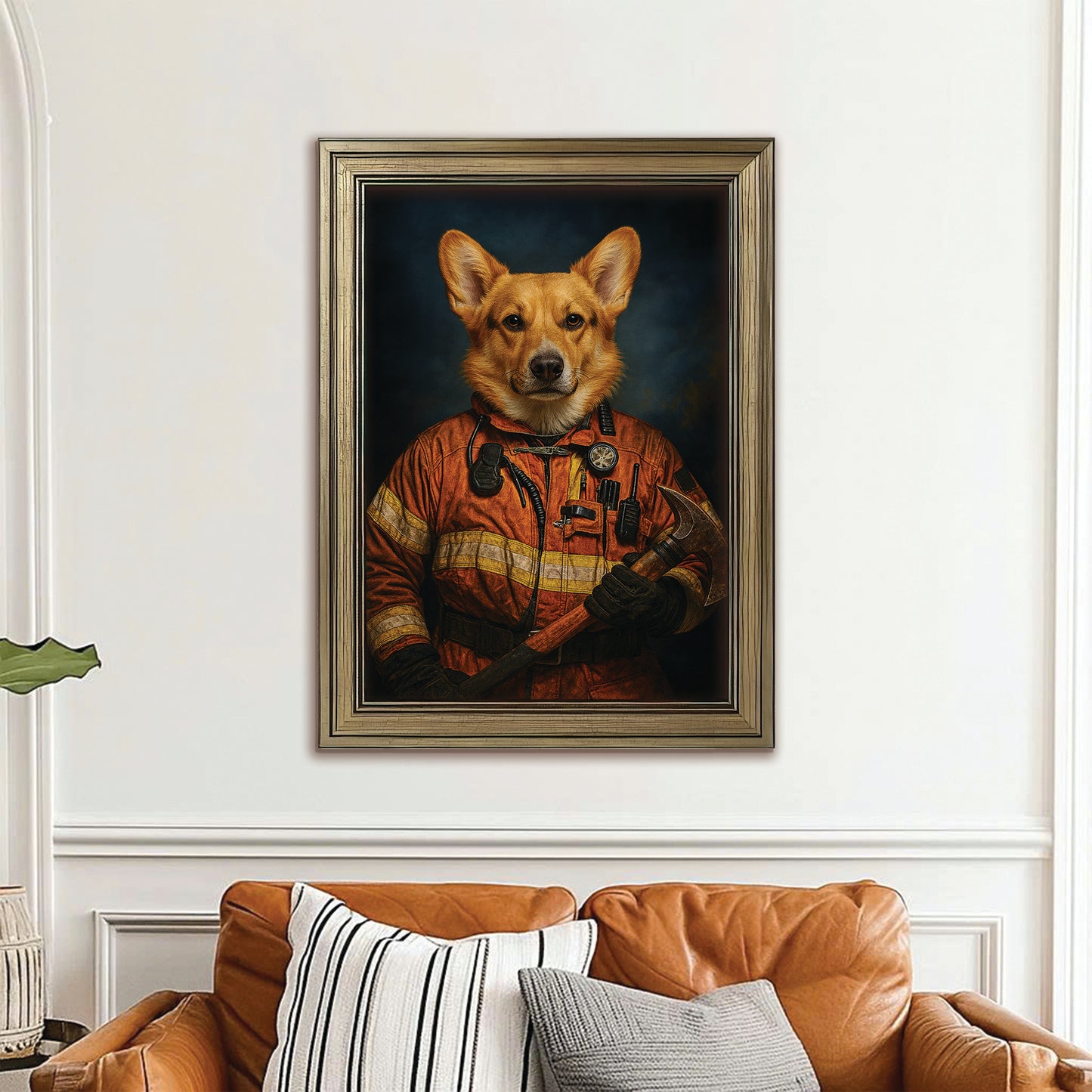 Custom Dog Photo Firefighter Canvas Framed Wall Art _ Gift For Dog Lovers