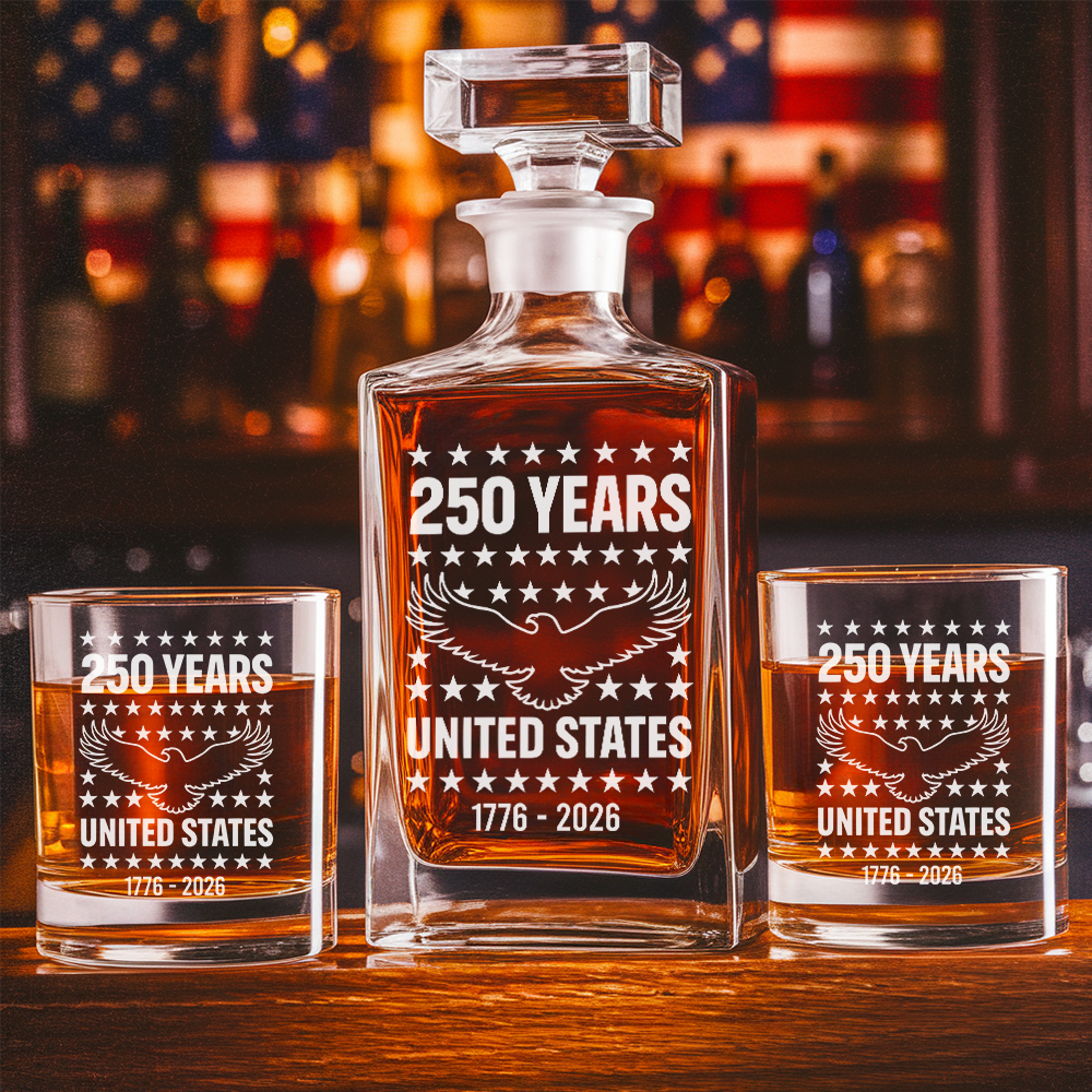 Eagle USA 250th Anniversary Engraved Whiskey Decanter Set, Personalized Patriotic Bourbon Gift THUC99