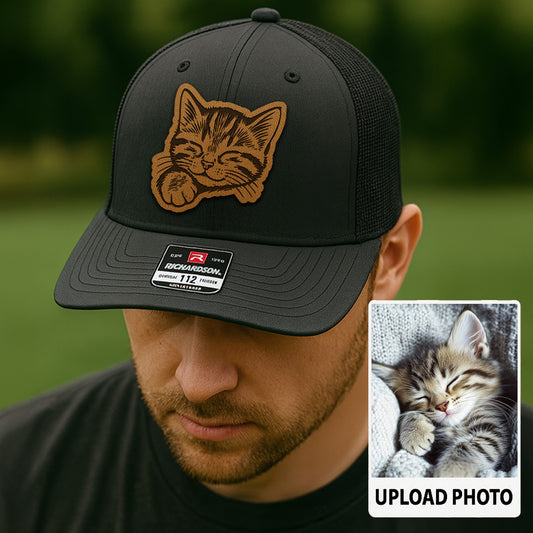 Custom Cat Photo Trucker Hat | Personalized Cat Photo Leather Patch Hat | Cat Lover Gift TNGANSP027