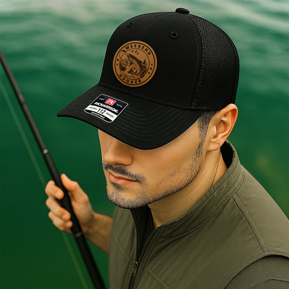 Personalized Fishing Trucker Hat – Custom Fish Leather Patch Hat – Gift for Dad, Husband, or Grandpa THUC99MF22