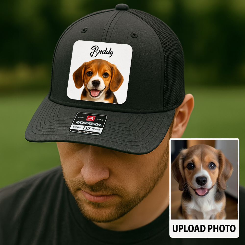 Custom Dog Trucker Cap – Personalized Leather Patch Hat with Printed Pet Face – Gift for Him TH9915