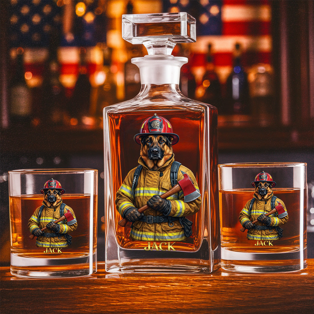 Personalized Firefighter Dog Decanter Set – Custom Printed Whiskey Gift