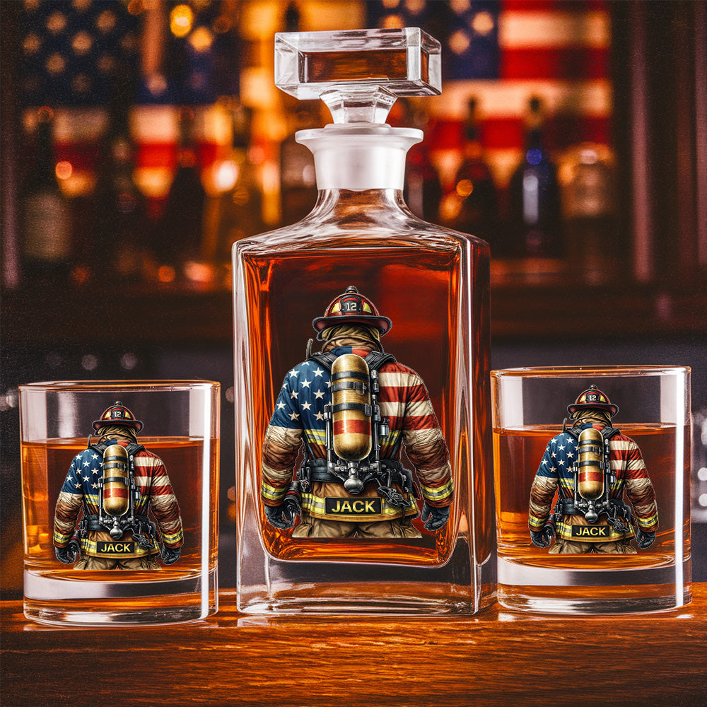 Firefighter Personalized Whiskey Decanter Set, Custom Name Glass Gift