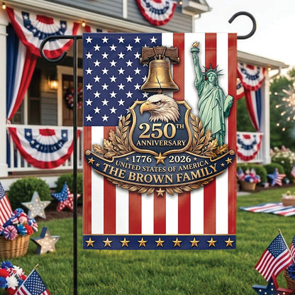 Personalized USA 250th Anniversary 4th of July Flag 1776-2026, Custom Name Patriotic American Garden Flag, Independence Day Outdoor Decor