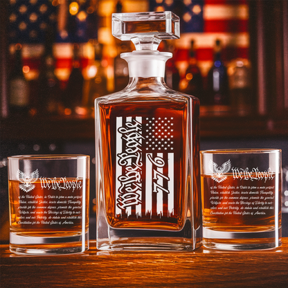 We The People America 250 Years Engraved Whiskey Decanter Set, Patriotic USA Bourbon Gift THUC99