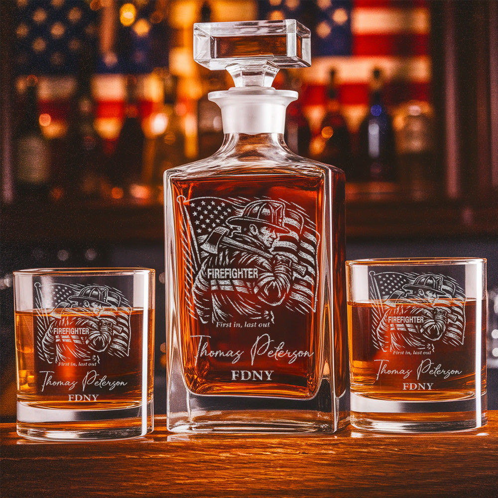 Custom Firefighter Decanter & Whiskey Glass Set, Engraved Name Gift for Firefighters