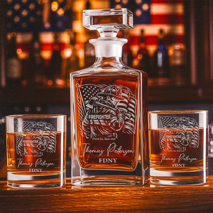 Custom Firefighter Decanter & Whiskey Glass Set, Engraved Name Gift for Firefighters