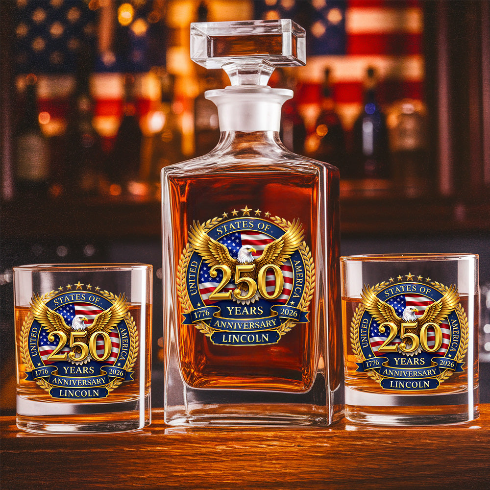 Custom Name 250 Years USA Whiskey Decanter Set, Patriotic Gift THUC99
