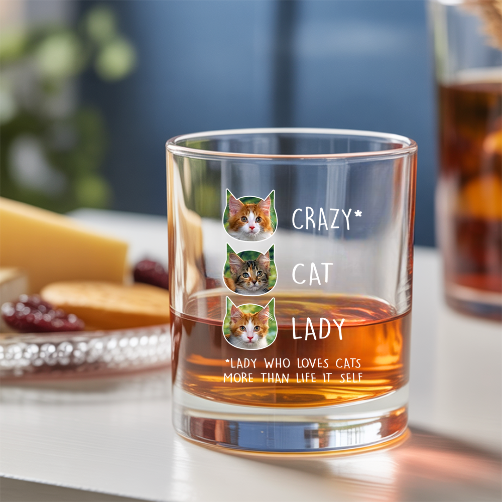 Custom Cat Photo Whiskey Glass And Decanter Set | Personalized Cat Photo Crazy Cat Lady | Gift For Cat Lover