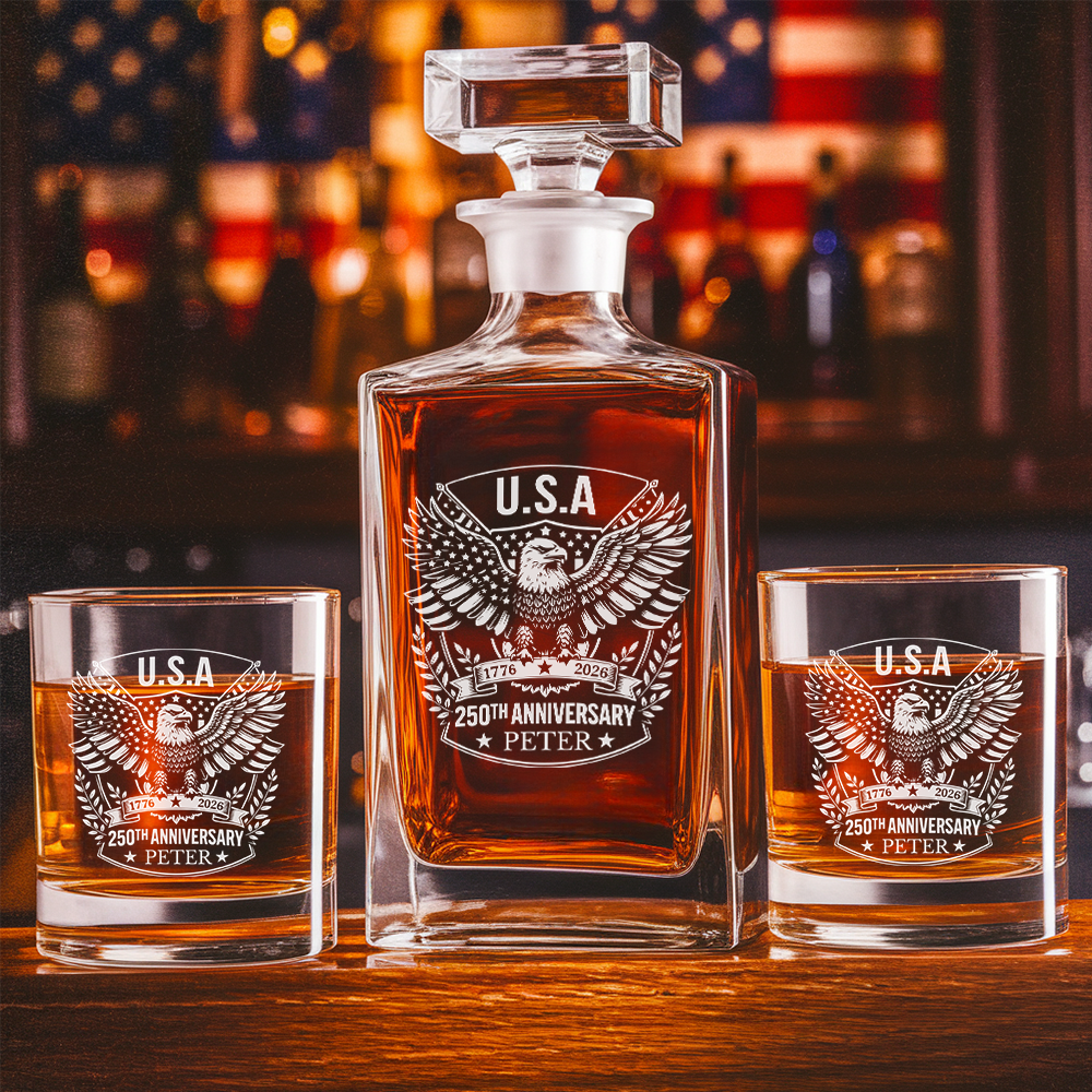 Custom Name Eagle USA 250th Anniversary Engraved Whiskey Decanter Set, Patriotic Bourbon Gift THUC99