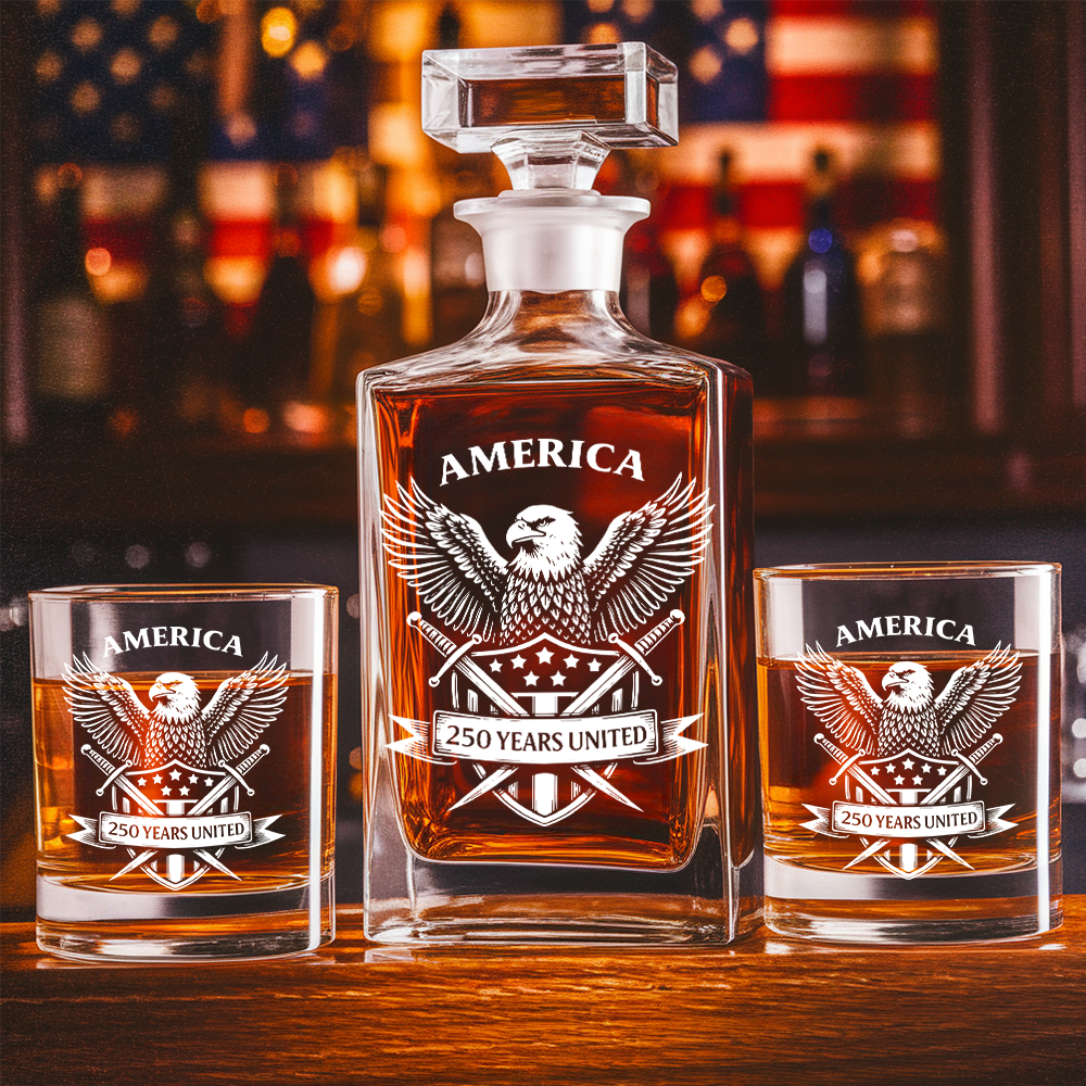 America 250 Years United Engraved Whiskey Decanter Set, Patriotic Eagle Bourbon Gift 1776–2026 THUC99