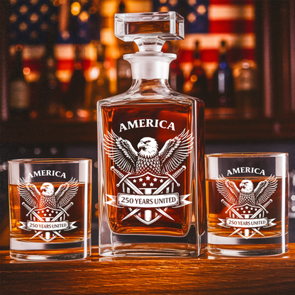 America 250 Years United Engraved Whiskey Decanter Set, Patriotic Eagle Bourbon Gift 1776–2026 THUC99
