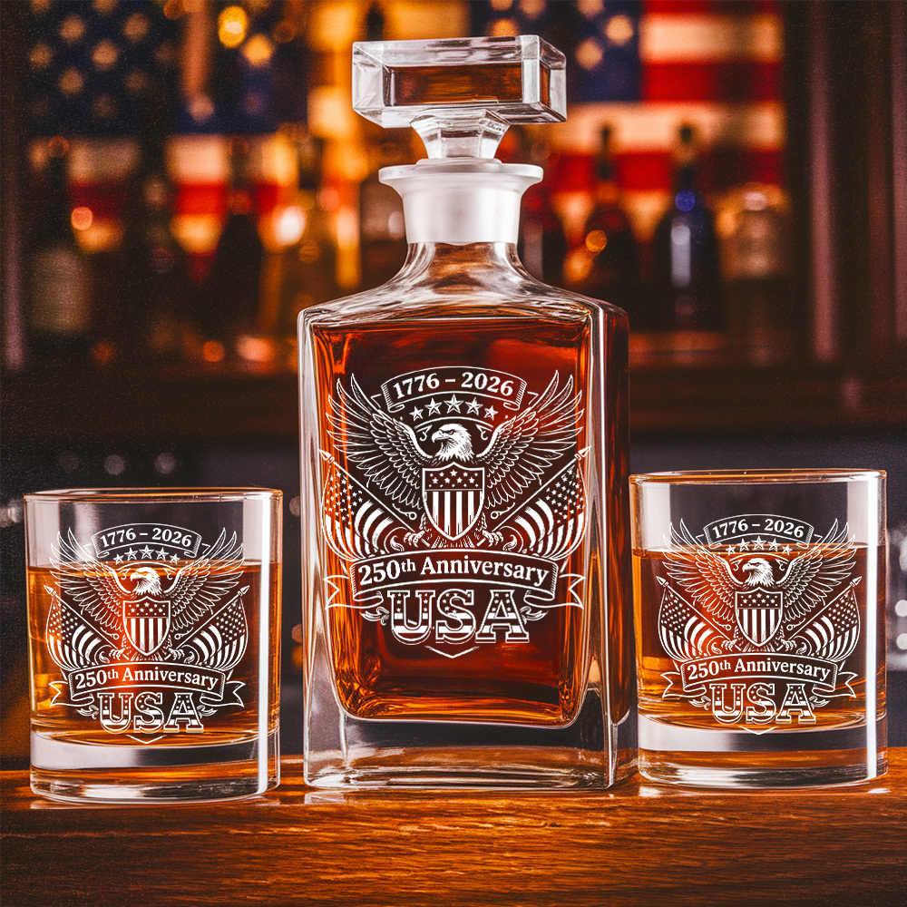 America 1776–2026 250 Years Engraved Whiskey Decanter Set, Patriotic Eagle Bourbon Gift THUC99
